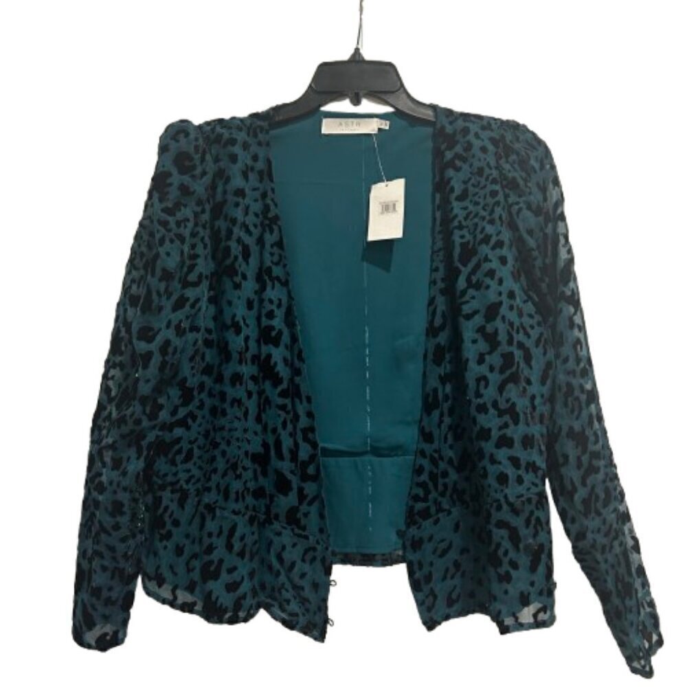 ASTR The Label Teal Leopard Wrap Blouse with Shoulder Pads Women’s Size XL - Picture 1 of 11